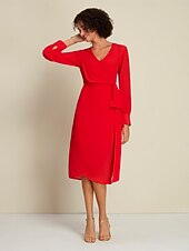 رخيصةأون فساتين الحفلات-فستان شيفون أحمر سادة لحفلات الزفاف/حفلات الضيوف برباط أمامي ملفوف بأكمام طويلة طقم فستان لإبهار 2024