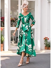 cheap Floor Length-A-Line Mother of the Bride Dress Elegant V Neck Tea Length Satin 3/4 Length Sleeve with Sash / Ribbon Wedding Guest Dress free custom size