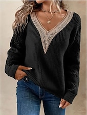 ieftine Modele grafice și detalii-Pentru femei Pulover pulover Elegant Culoare solidă Striat În V Dantelă Manșon Lung Topuri obișnuite Tricotat Zilnic Negru Alb Primăvară Toamnă