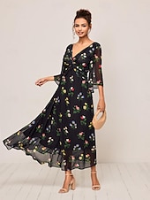 economico Abiti eleganti floreali-Per donna Vestito maxi Abito linea A Elegante Moda Manica svasata Invitati del matrimonio Giornaliero Cocktail party Standard Floreale Manica a 3/4 A V Nero Estate Autunno