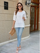 abordables Chemises-Femmes Chemise Chemises inspirées du lin Couleur Unie Fleuri Occasionnel Boho Manche 3/4 Manches au coude Col ras du cou Hauts Réguliers Vacances Soirée Quotidien Broderie Blanche Jaune Kaki Automne