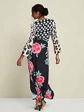 economico abito casual stampato-Abito maxi con scollo a V a maniche corte e stampa leopardata floreale per invitati al matrimonio in raso