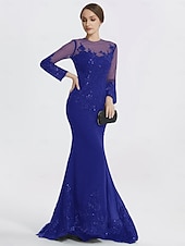 preiswerte SCHWARZ-Meerjungfrau Schwarzes Kleid Abendkleid Paillette Prom Kleid Funkelnd Formal Kleid Sweep  Brush Train Langarm Illusion Hals Spitze mit Applikationen Kleid für 2025 beeindrucken