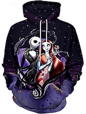 billige Hettegensere-Jack Skellington Hattetrøje Tegneserie Manga Animé 3D Lomme foran Graphic Kengurulomme Til Par Herre Dame Voksne Halloween Karneval Maskerade 3D-utskrift Fritid / hverdag