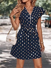 abordables Robes de travail-robe décontractée pour femme à pois, fermeture éclair, imprimé, col en V, mini robe élégante, décontractée, rendez-vous quotidien, manches courtes, été