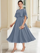 voordelige Vloerlengte-Strand Bruiloft A-Lijn Moeder van de Bruid Jurk Elegante Sierlijke Hals Thee Lengte Chiffon Halve Mouw met Kant maat op maat