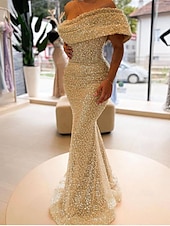 preiswerte Sekt-goldenes Meerjungfrau-Abendkleid mit Pailletten, elegantes, formelles, bodenlanges, ärmelloses, schulterfreies Maskenballkleid 2025