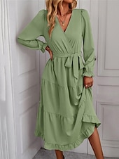 preiswerte abendkleider-Damen Casual kleid Maxidress mit Schnürung Rüsche Verabredung Urlaub Elegant Strassenmode V Ausschnitt Langarm Schwarz Rosa Dunkelgrün Farbe