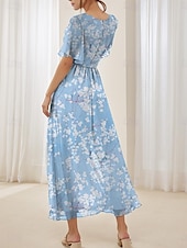 abordables Robes décontractées-Femmes Robe maxi Robe trapèze Élégant Quotidien Date Coupe régulière Fleuri Col en V Bleu Été