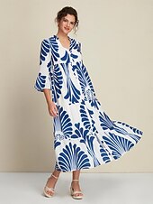 Недорогие повседневное платье с принтом-Жен. Свободное платье Курортная одежда Длинное платье Темно синий Рукав 3/4 Folk Рисунок Весна лето V-образный вырез Отпуск На каждый день S M L