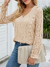 abordables Hauts en dentelle-Hauts en dentelle élégants pour femmes Blouse en œillets Élégant Haut en dentelle uni à manches lanternes à manches longues col en V Hauts romantiques petits pour l&#039;été Vacances de l&#039;été Rose Bleu