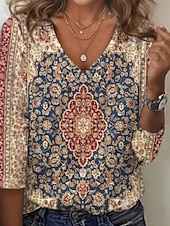 halpa Boho t-paita-Naisten T-paita Kukka Muoti Pitkähihainen V kaula-aukko Tavalliset topit Päivittäin Viikonloppu Pitsi Punastuvan vaaleanpunainen Laivastosininen Sininen Purppura 봄 &amp; Syksy