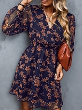 preiswerte Elegante Blumenkleider-Damen Freizeitkleid formelles Kleid Blumendruck V-Ausschnitt Minikleid stilvoll lässig täglich Date Langarm Sommer