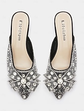 preiswerte Clogs &amp; Pantoletten für Damen-Damen Mules Bling-Bling-Schuhe Glitzer Kristall Pailletten Juwelen Party Kristall Flacher Absatz Spitze Zehe Elegant Modisch Mikrobielles Leder Halbschuhe Mandelfarben Schwarz