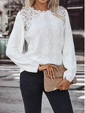 cheap Graphic Patterns &amp; Details-Women&#039;s Sweater Elegant Solid Color Waffle Crew Neck Lace Long Sleeve Regular Tops Knit Daily White Spring Fall