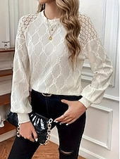 preiswerte Texturierte Kapuzenpullover &amp; Sweatshirts-Damen Bluse Elegant Spitze Öse Langarm Rundhals Alltag Beige Sommer