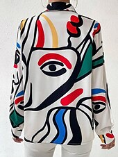 voordelige Vrouwen&#039;s Kunst &amp; Design Tops-dames overhemd stijlvol modern geometrisch abstract knopen print lange mouw normaal tops overhemd kraag werk wit lente herfst