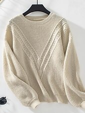 preiswerte Grafische Muster und Details-Damen Pullover Stilvoll Feste Farbe Gerippt Rundhalsausschnitt Strick Laternenärmel Langarm Lange Oberteile Stricken Arbeit Täglich Weiß Beige Herbst Winter