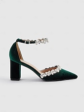 cheap Cocktail-Women&#039;s Green Velvet Block Heel Pumps with Rhinestone Ankle Straps for Weddings and Formal Events