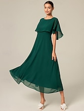 billige Kjoler til nyttårsaften-kvinners bryllup gjestecocktailkjole chiffon volang elegant formell midi a line kjole rund hals kortermet utsvingt erme mørk grønn farge