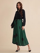 baratos saia feminina-Saia maxi de cetim com bolinhas peplum com cinto e pontas duplas