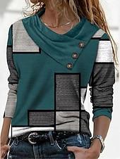 cheap Stripe&amp;Geometric tee-Women&#039;s T Shirt Geometric Abstract Daily Basic Long Sleeve Pile Neck V Neck Regular Tops Casual Weekend Buttons Print Red Navy Blue Blue Sky Blue Green Fall &amp; Winter