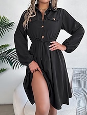preiswerte schwarzes Midikleid-Damen Arbeitskleidung A Linie Kleid Modisch Täglich Arbeitsmode Bischof Midikleid Gefaltet Taste Hemdkragen Langarm Glatt Regular Fit Schwarz Wein Khaki Frühling Herbst S M L XL