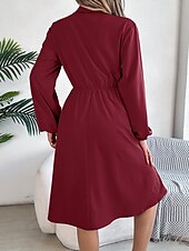preiswerte schwarzes Midikleid-Damen Arbeitskleidung A Linie Kleid Modisch Täglich Arbeitsmode Bischof Midikleid Gefaltet Taste Hemdkragen Langarm Glatt Regular Fit Schwarz Wein Khaki Frühling Herbst S M L XL
