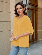 abordables Chemises-Femmes Chemise Chemises inspirées du lin Couleur Unie Fleuri Occasionnel Boho Manche 3/4 Manches au coude Col ras du cou Hauts Réguliers Vacances Soirée Quotidien Broderie Blanche Jaune Kaki Automne