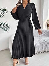 economico maxi abito nero-Per donna Abito da lavoro Abito linea A Di tendenza Ufficio Moda da lavoro Rimborsate Abito lungo Abito lungo A pieghe A V Manica lunga Liscio Standard Nero Vino Marrone Primavera Autunno S M L XL