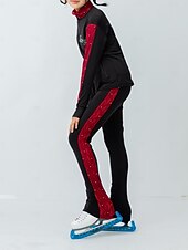 billige Figur skating treningsantrekk-Fleecejakke til skøyteløp Bukser til kunstløp Jakke og bukser til kunstløp Dame Jente Skøyteløp Jakke Strømpebukse Drakter Svart / Rød Lapper Tommelhull Spandex Elastisk Trening Profesjonell