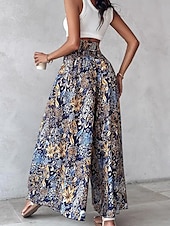 abordables jambe large et taille haute-Femme Pantalon large Trapèze Imprimer Floral Bohème Noir Eté