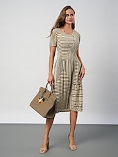 billige Blomstrete kjoler-Dame Midikjole Skiftkjole Elegant Fritid Arbeid Daglig Løstsittende Stripe Kortermet Crew-hals Svart Kakifarget Sommer
