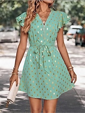 abordables Robes de travail-robe décontractée pour femme à pois, fermeture éclair, imprimé, col en V, mini robe élégante, décontractée, rendez-vous quotidien, manches courtes, été
