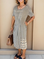 billige Blomstrete kjoler-Dame Midikjole Skiftkjole Elegant Fritid Arbeid Daglig Løstsittende Stripe Kortermet Crew-hals Svart Kakifarget Sommer