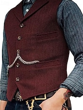 cheap Men&#039;s Vest-Men&#039;s Vest Gilet Wedding Event / Party Daily Fashion Business Spring &amp; Summer Button Pocket Thick Chain Polyester Comfortable Plain Single Breasted One-button Lapel Regular Fit Black Burgundy Navy
