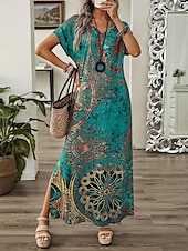 abordables Robes Boho-Robe maxi femme Robe d&#039;été Robe shift Robe en A Décontractée Épaule tombante Quotidienne Ajustement ample Graphique Manches courtes Col en V Bleu Vert Été