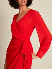 رخيصةأون فساتين الحفلات-فستان شيفون أحمر سادة لحفلات الزفاف/حفلات الضيوف برباط أمامي ملفوف بأكمام طويلة طقم فستان لإبهار 2024