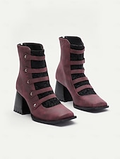 preiswerte 1930er Jahre-Burgunderfarbene Riemchenstiefel im Vintage-Stil mit dickem Absatz und Spitzendetail für Damen, ideal für Abendveranstaltungen und stilvolle Ausflüge