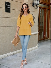 abordables Chemises-Femmes Chemise Chemises inspirées du lin Couleur Unie Fleuri Occasionnel Boho Manche 3/4 Manches au coude Col ras du cou Hauts Réguliers Vacances Soirée Quotidien Broderie Blanche Jaune Kaki Automne
