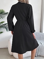 preiswerte schwarzes Midikleid-Damen Arbeitskleidung A Linie Kleid Modisch Täglich Arbeitsmode Bischof Midikleid Gefaltet Taste Hemdkragen Langarm Glatt Regular Fit Schwarz Wein Khaki Frühling Herbst S M L XL