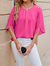 cheap Women&#039;s Plain Tops-Shirt Blouse Women&#039;s White Pink Wine Plain Sexy Street Daily Fashion Round Neck Regular Fit S