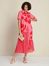 preiswerte Lässiges Kleid mit Aufdruck-Damen Lockeres Kleid Elegantes Kleid Maxikleid Rosenrot Kurzarm Blumen Gestreift Drucken Asymmetrischer Saum Frühling &amp; Sommer Hemdkragen Elegant S M L
