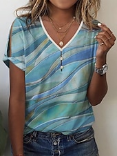 Χαμηλού Κόστους Boho t-shirt-Γυναικεία Μπλουζάκι Γραφική Βασικό Κοντομάνικο Λαιμόκοψη V Κανονικά μπλουζάκια Καθημερινά Σαββατοκύριακο Κουμπιά Με κοψίματα Στάμπα Θαλασσί Πράσινο του τριφυλλιού Χακί