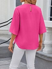 cheap Women&#039;s Plain Tops-Shirt Blouse Women&#039;s White Pink Wine Plain Sexy Street Daily Fashion Round Neck Regular Fit S