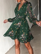 preiswerte Elegante Blumenkleider-Damen Freizeitkleid formelles Kleid Blumendruck V-Ausschnitt Minikleid stilvoll lässig täglich Date Langarm Sommer