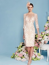 cheap With Jacket-Beach Wedding Two Piece Sheath Mother of the Bride Dress Elegant Jewel Neck Knee Length Chiffon Lace 3/4 Length Sleeve Wrap Included Jacket Dresses with Beading Appliques free custom size