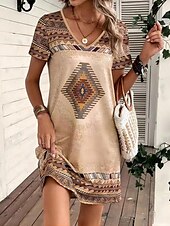 billiga Boho klänningar-Kvinnors Miniklänning Petiten Klänning T-Skjortklänning Tee Klänning Sommarklänning A-Linjeklänning Avslappnad Semester Födelsedag Avslappnad Lös Passform Geometrisk Kortsleeve V-Hals Khaki Sommar