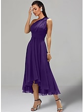 abordables Robes pour invitées de mariage-Robes de Mariage Invité A-Line Robe Élégante Formelle Fête de Mariage Longueur Thé Sans Manches Une Épaule Invité de Mariage Automne Chiffon avec Fronces 2025
