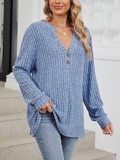 abordables Couleurs unies-Femme Pull Chandail mode Décontractées Couleur unie A côtes Col V Boutons manche longue Hauts réguliers Tricoter du quotidien Rose Claire Bleu Printemps Automne